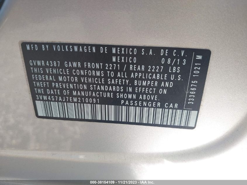 2014 VOLKSWAGEN JETTA SEDAN GLI AUTOBAHN 3VW4S7AJ7EM210091