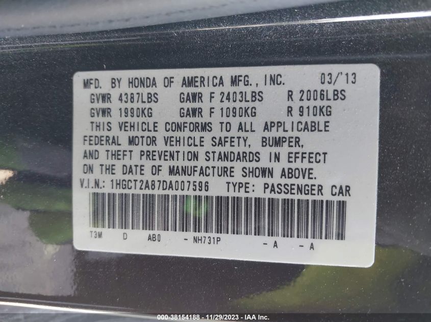 2013 HONDA ACCORD EX-L V-6 - 1HGCT2A87DA007596