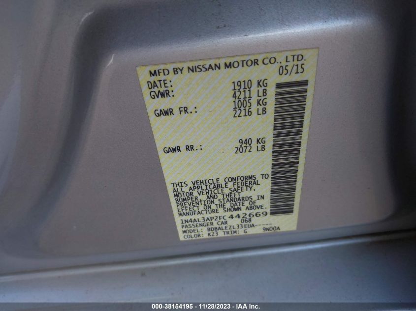 2015 NISSAN ALTIMA 2.5/2.5 S/2.5 SL/2.5 SV - 1N4AL3AP2FC442669