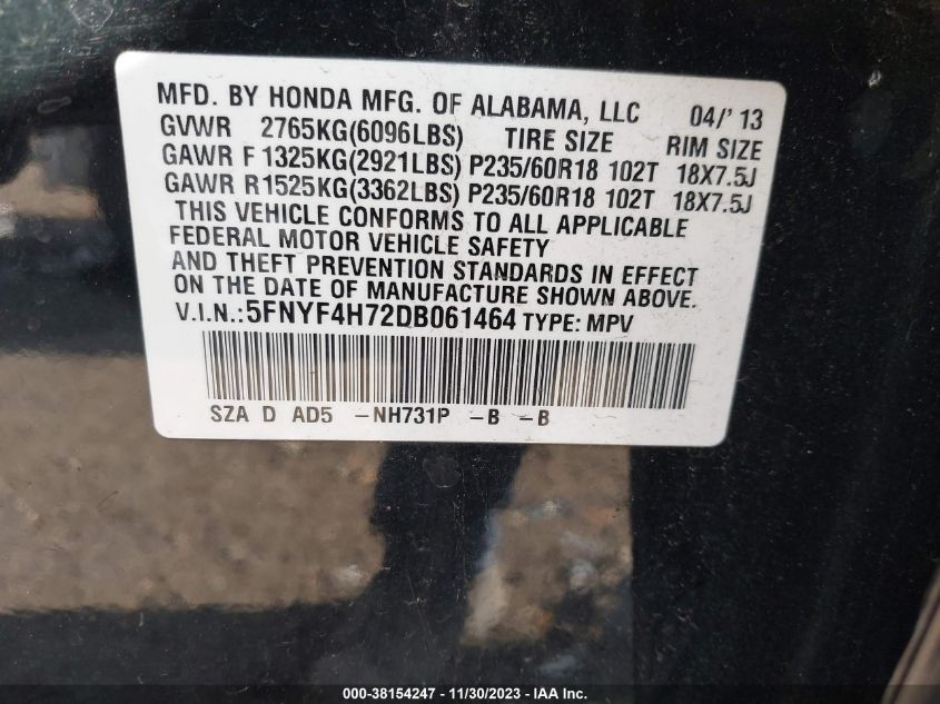 2013 HONDA PILOT EX-L - 5FNYF4H72DB061464
