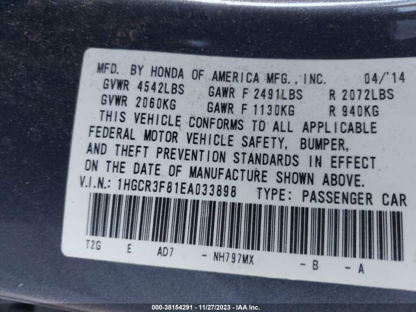 2014 HONDA ACCORD EX-L V-6 - 1HGCR3F81EA033898