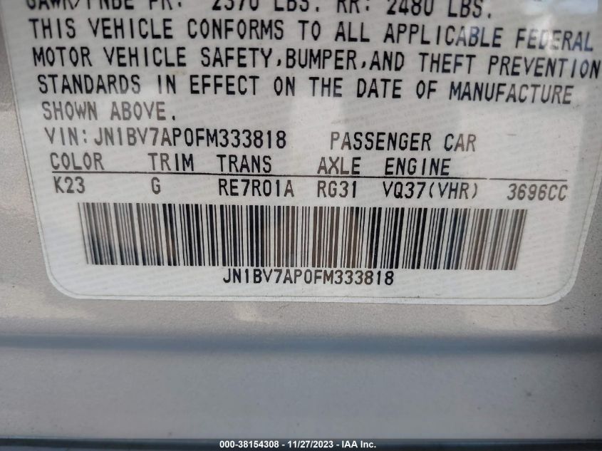 2015 INFINITI Q50 PREMIUM/SPORT - JN1BV7AP0FM333818