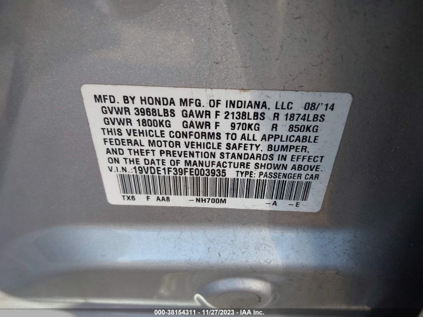 2015 ACURA ILX 2.0L - 19VDE1F39FE003935