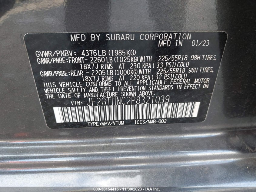 VIN JF2GTHNC2P8321039 2023 SUBARU CROSSTREK LIMITED