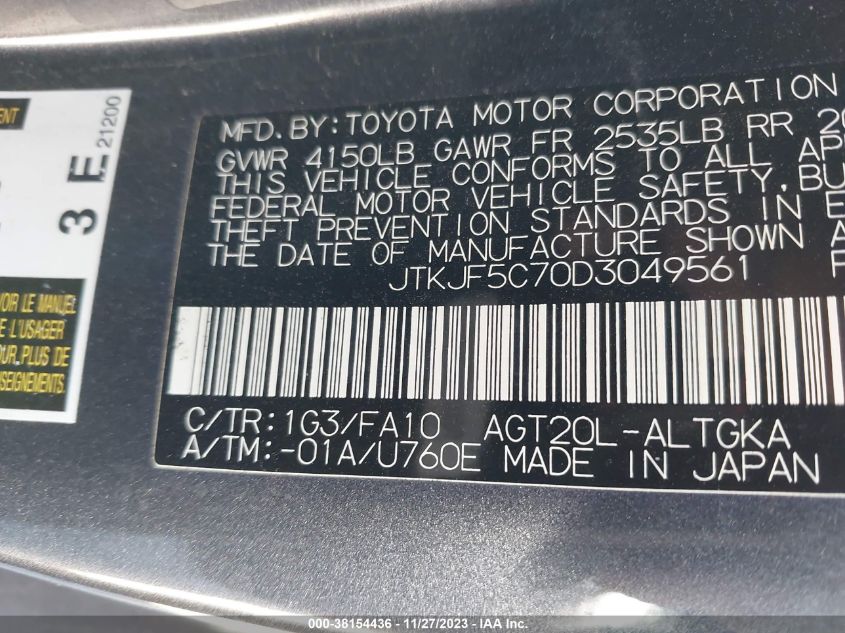 2013 TOYOTA SCION TC JTKJF5C70D3049561