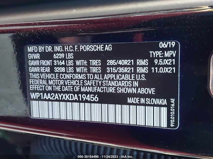 2019 PORSCHE CAYENNE WP1AA2AYXKDA19456