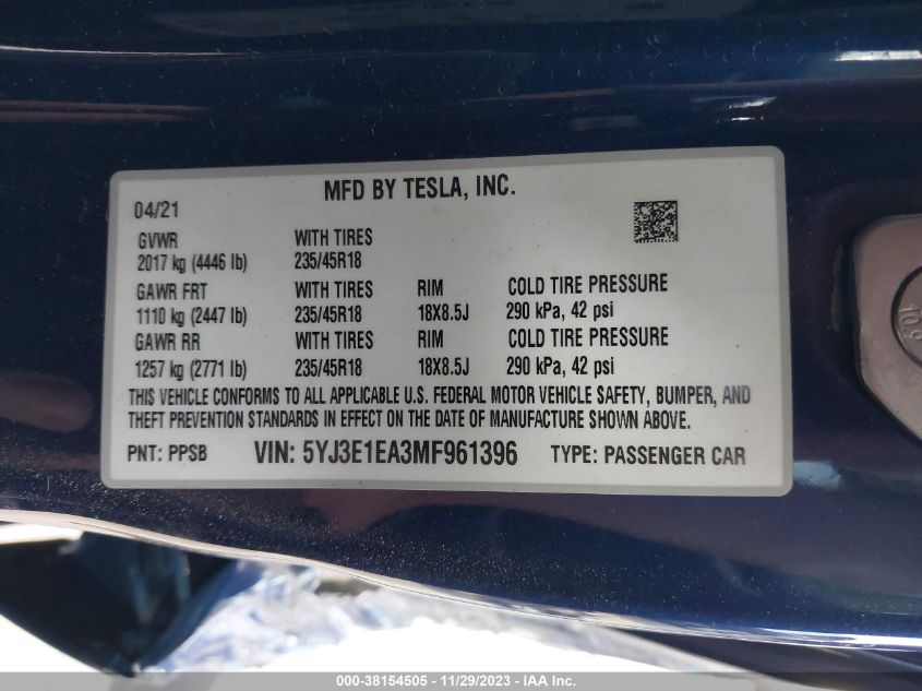2021 TESLA MODEL 3 - 5YJ3E1EA3MF961396