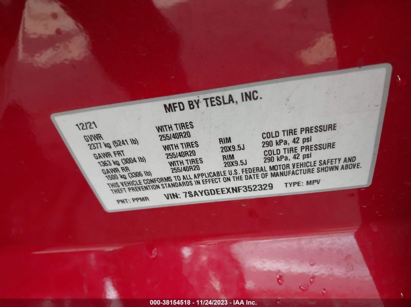 2022 TESLA MODEL Y - 7SAYGDEEXNF352329