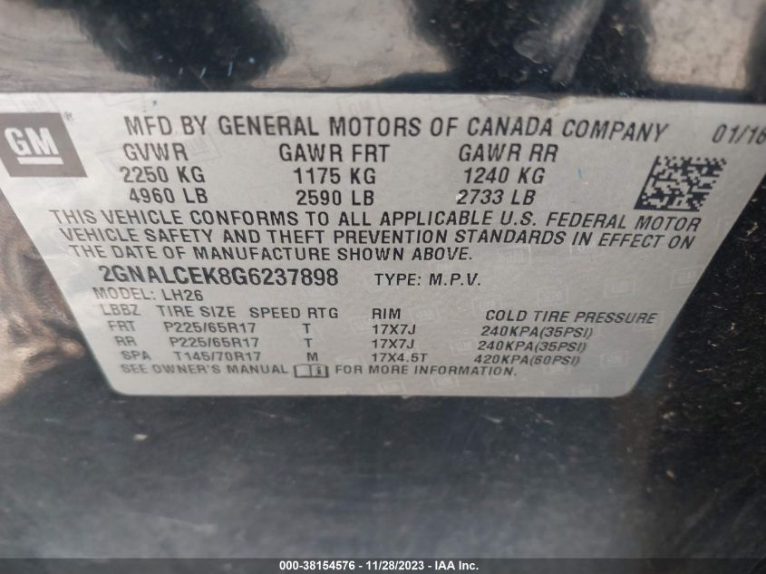 2016 CHEVROLET EQUINOX LT - 2GNALCEK8G6237898