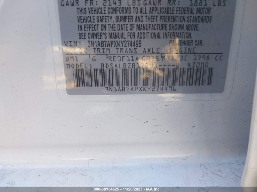 2019 NISSAN SENTRA S/SV/SR/SL - 3N1AB7APXKY274496