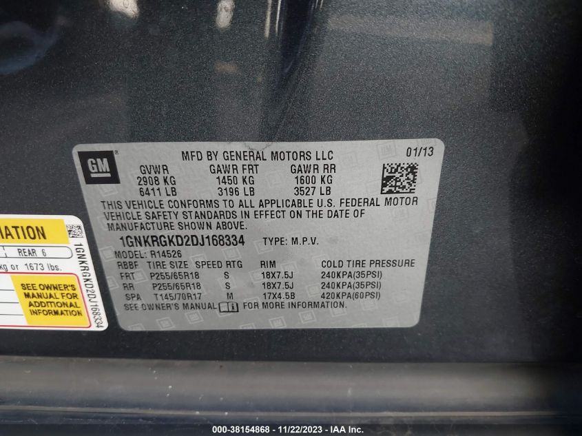 2013 CHEVROLET TRAVERSE 1LT - 1GNKRGKD2DJ168334
