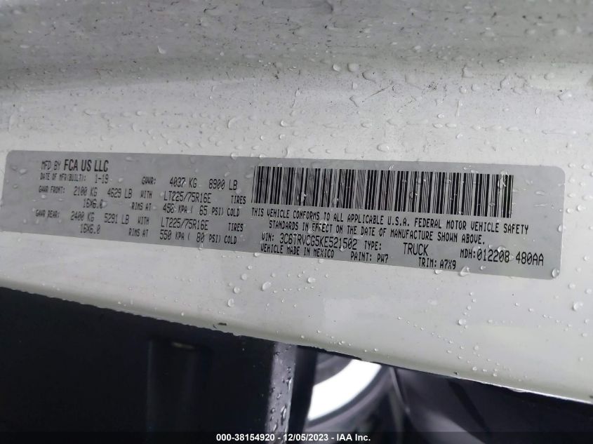 2019 RAM PROMASTER 2500 HIGH ROOF 136" WB 3C6TRVCG5KE521502