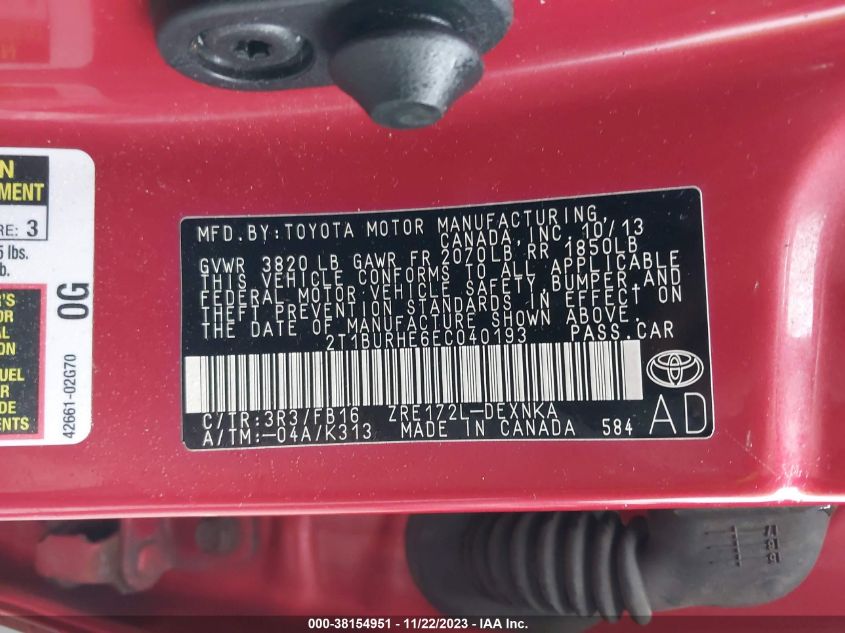 2014 TOYOTA COROLLA LE - 2T1BURHE6EC040193