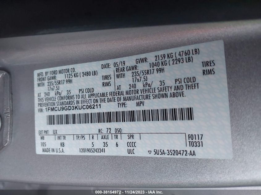 VIN 1FMCU9GD3KUC06211 2019 FORD ESCAPE SE