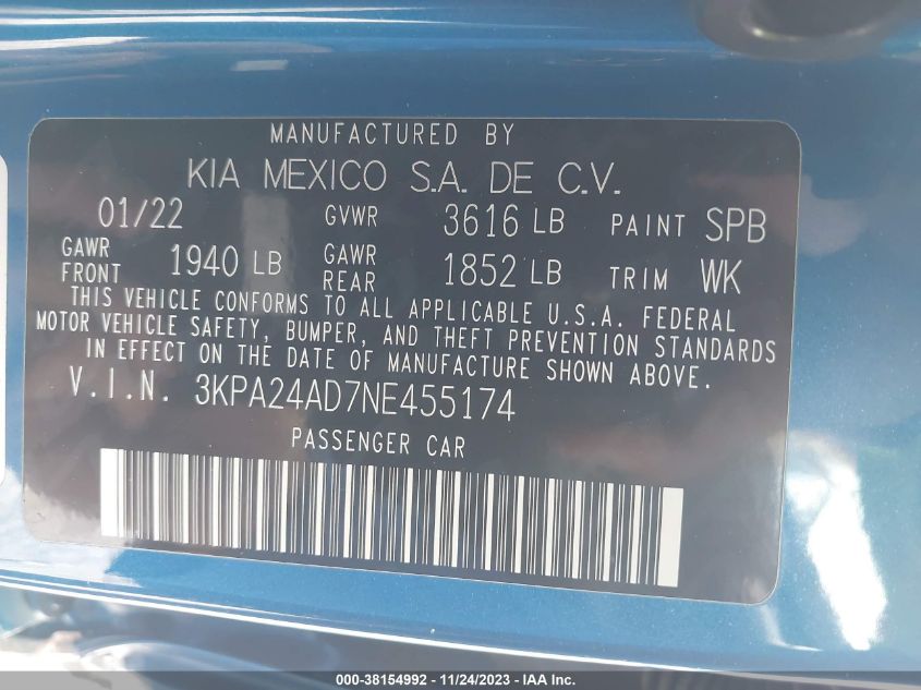 2022 KIA RIO LX/S - 3KPA24AD7NE455174