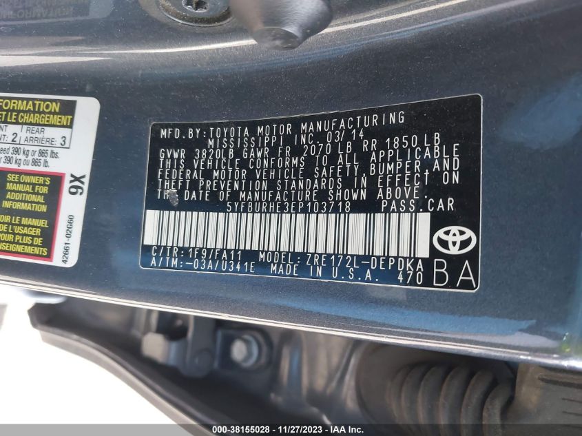 2014 TOYOTA COROLLA L - 5YFBURHE3EP103718