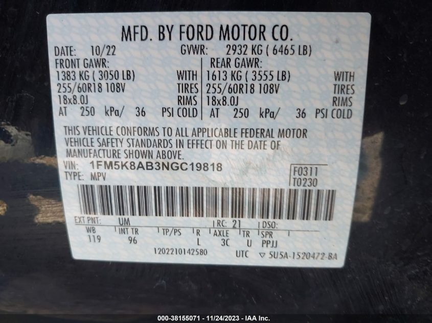 2022 FORD POLICE INTERCEPTOR UTILITY 1FM5K8AB3NGC19818