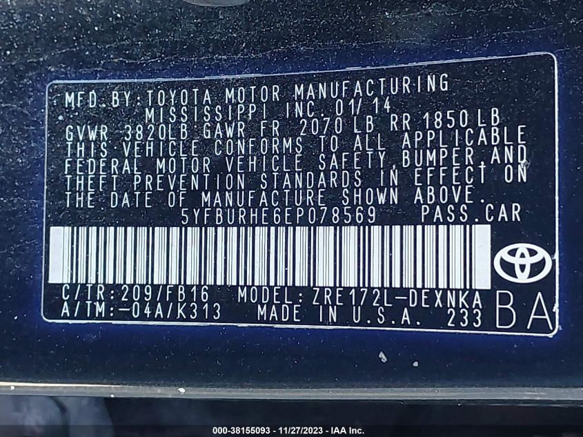 2014 TOYOTA COROLLA LE - 5YFBURHE6EP078569