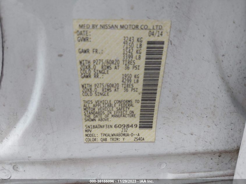 2014 NISSAN ARMADA PLATINUM - 5N1BA0NF3EN609849