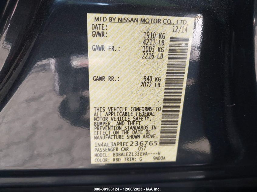 2015 NISSAN ALTIMA 2.5/S/SV/SL - 1N4AL3AP9FC236765