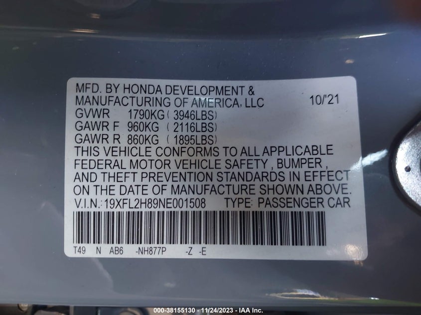 VIN 19XFL2H89NE001508 2022 HONDA CIVIC SPORT