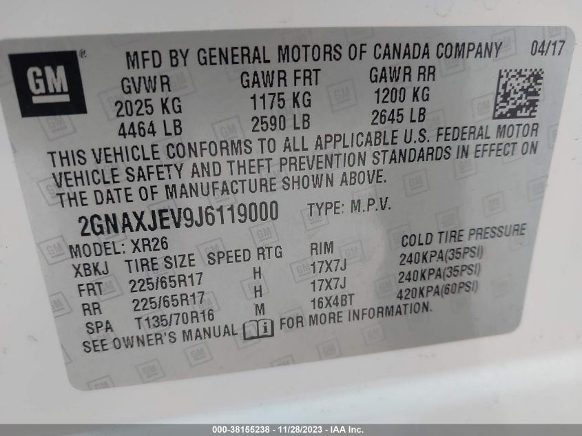 2018 CHEVROLET EQUINOX LT - 2GNAXJEV9J6119000