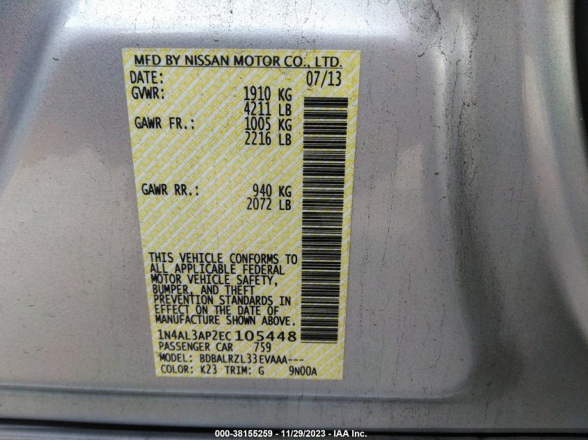 2014 NISSAN ALTIMA 2.5/S/SV/SL - 1N4AL3AP2EC105448