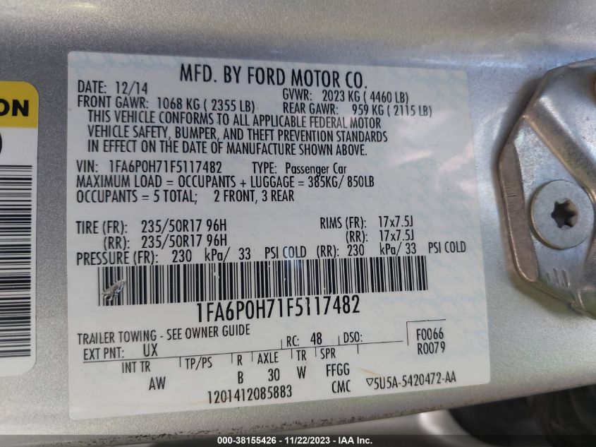 2015 FORD FUSION SE - 1FA6P0H71F5117482