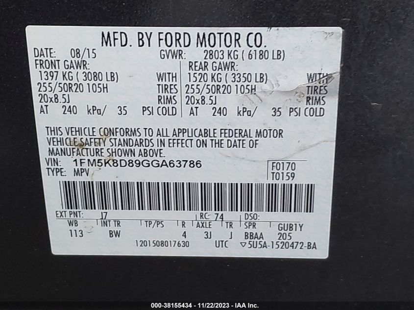 2016 FORD EXPLORER XLT - 1FM5K8D89GGA63786