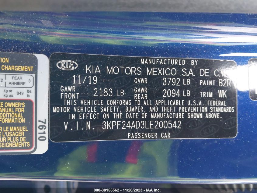 2020 KIA FORTE FE/LXS - 3KPF24AD3LE200542