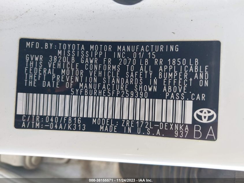 2015 TOYOTA COROLLA L/LE/LE PLS/PRM/S/S PLS - 5YFBURHE5FP259390