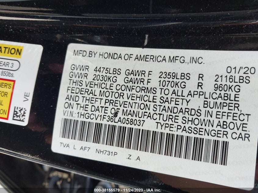VIN 1HGCV1F36LA058037 2020 HONDA ACCORD SPORT