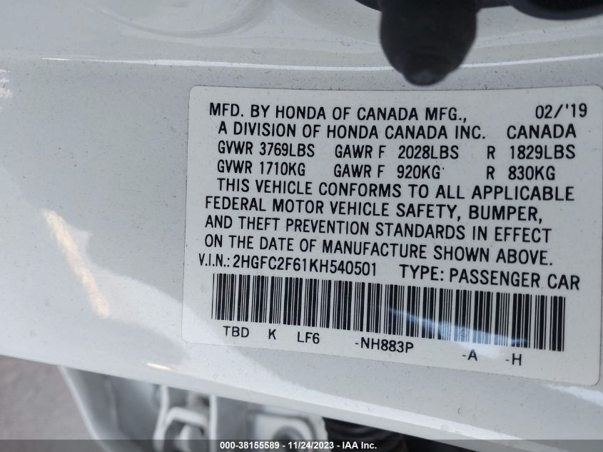 2019 HONDA CIVIC LX - 2HGFC2F61KH540501