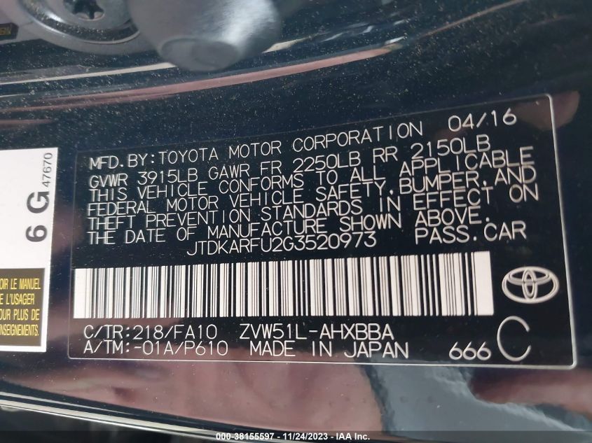 2016 TOYOTA PRIUS - JTDKARFU2G3352073