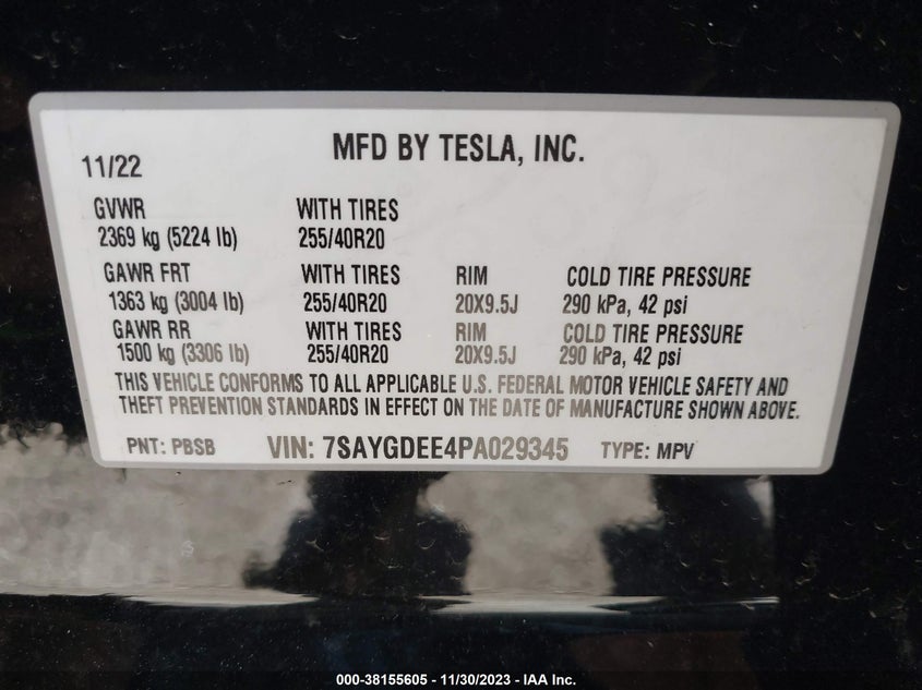 VIN 7SAYGDEE4PA029345 2023 TESLA MODEL Y