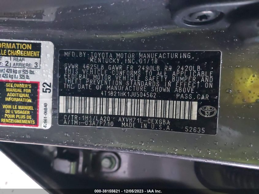 2018 TOYOTA CAMRY HYBRID XLE - 4T1B21HK1JU504562
