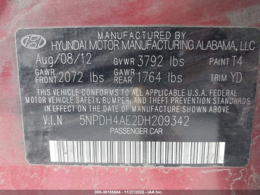 2013 HYUNDAI ELANTRA GLS/LIMITED - 5NPDH4AE2DH209342