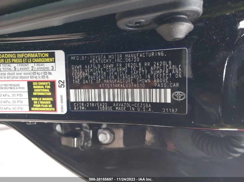 2020 TOYOTA CAMRY SE/SE NIGHT SHADE - 4T1G11AK4LU374010