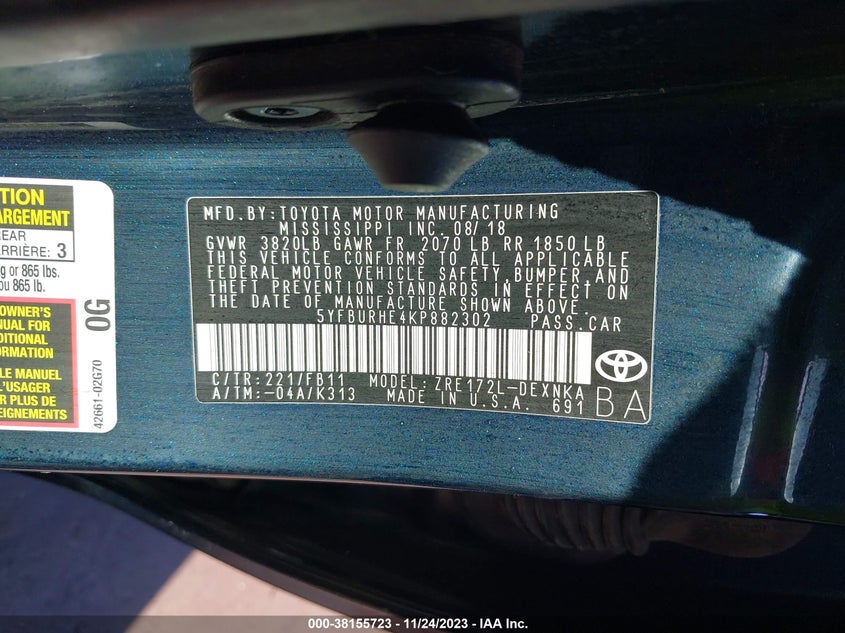 VIN 5YFBURHE4KP882302 2019 TOYOTA COROLLA LE