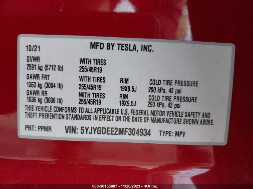 2021 TESLA MODEL Y - 5YJYGDEE2MF304934