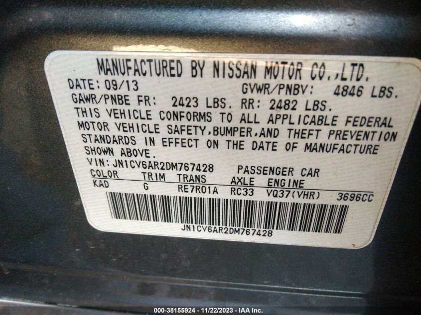2013 INFINITI G37X - JN1CV6AR2DM767428