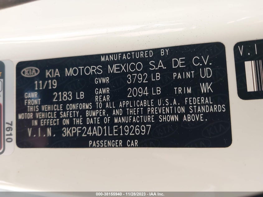 VIN 3KPF24AD1LE192697 2020 KIA FORTE LXS