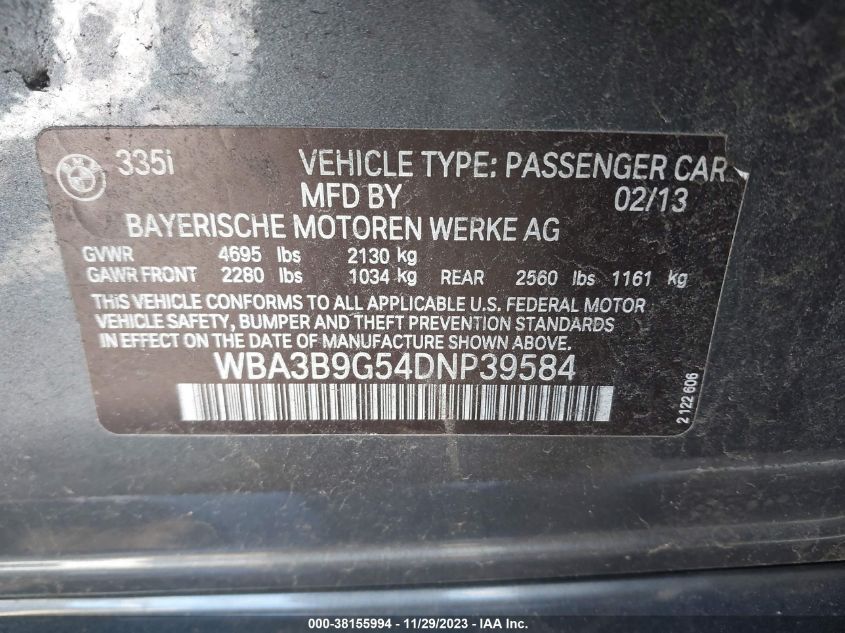 2013 BMW 335I XDRIVE WBA3B9G54DNP39584