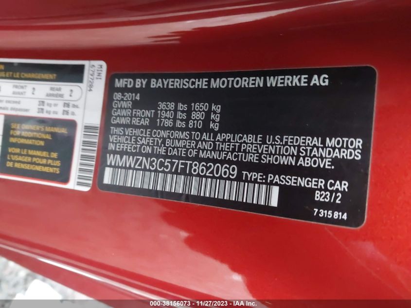 2015 MINI CONVERTIBLE COOPER WMWZN3C57FT862069