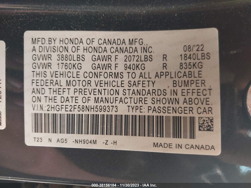 VIN 2HGFE2F58NH599373 2022 HONDA CIVIC SPORT