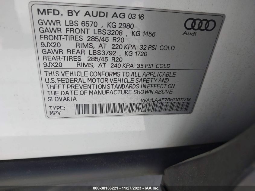 2017 AUDI Q7 3.0T PREMIUM - WA1LAAF78HD011718