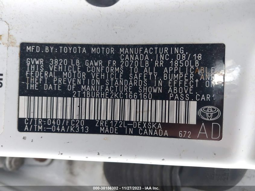 2019 TOYOTA COROLLA SE - 2T1BURHE2KC166160