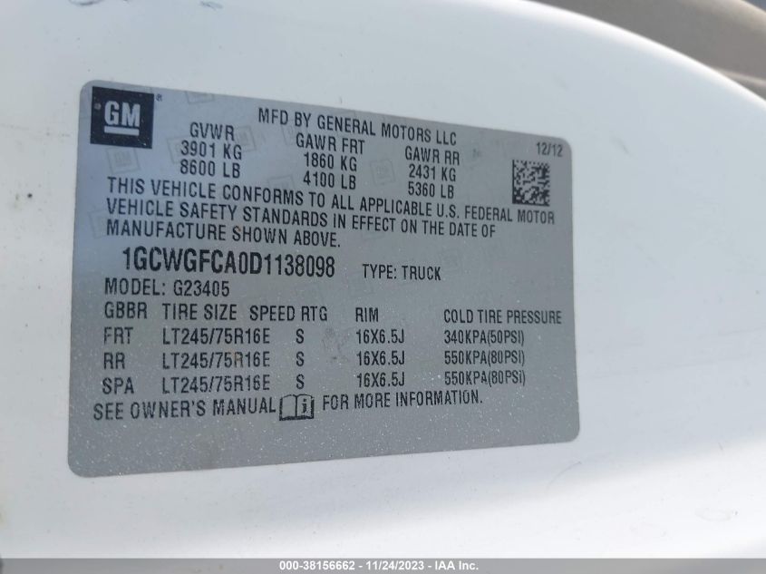 2013 CHEVROLET EXPRESS 2500 WORK VAN - 1GCWGFCA0D1138098