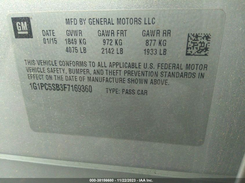 2015 CHEVROLET CRUZE LT - 1G1PC5SB3F7169360