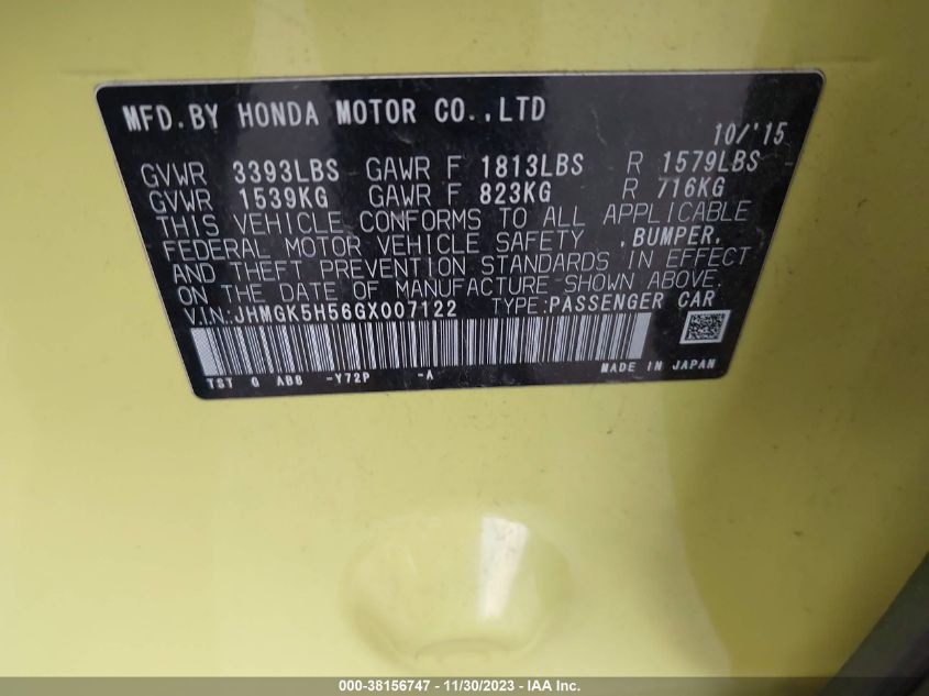 2016 HONDA FIT LX - JHMGK5H56GX007122